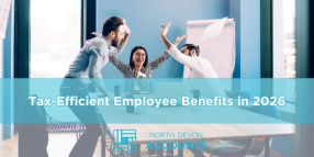 mini_Tax-Efficient Employee Benefits in 2026 North Devon Accounts employee benefits graphic showing a team celebrating in a meeting, highlighting tax-efficient staff benefits and workplace rewards