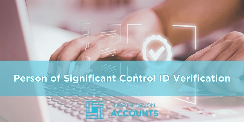 Person using a laptop with digital security icons, illustrating Person of Significant Control ID verification with guidance from North Devon Accounts