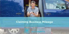Claiming Business Mileage North Devon Accounts business mileage graphic showing a tradesperson using a mobile phone beside a work van while tracking business travel expenses